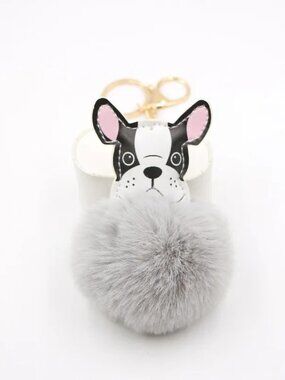 3/$35 NWT French Bulldog Grey Faux Fur Pom Pom Keychain Bag Charm Gold Tone